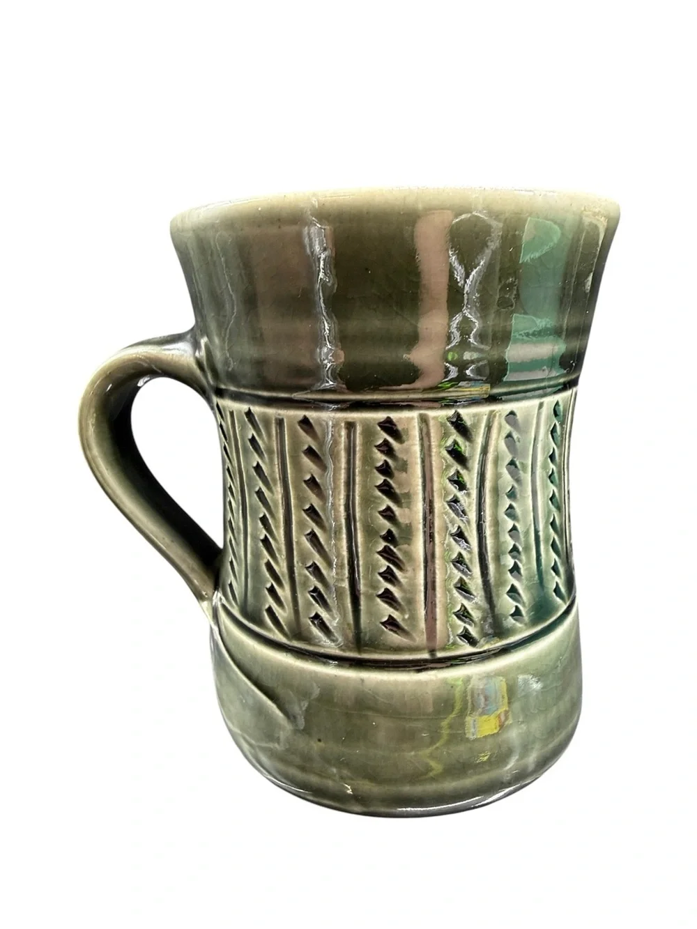 Studio Pottery Mug Green Drip Glaze Stoneware Coffee Cup Signed DTP J
